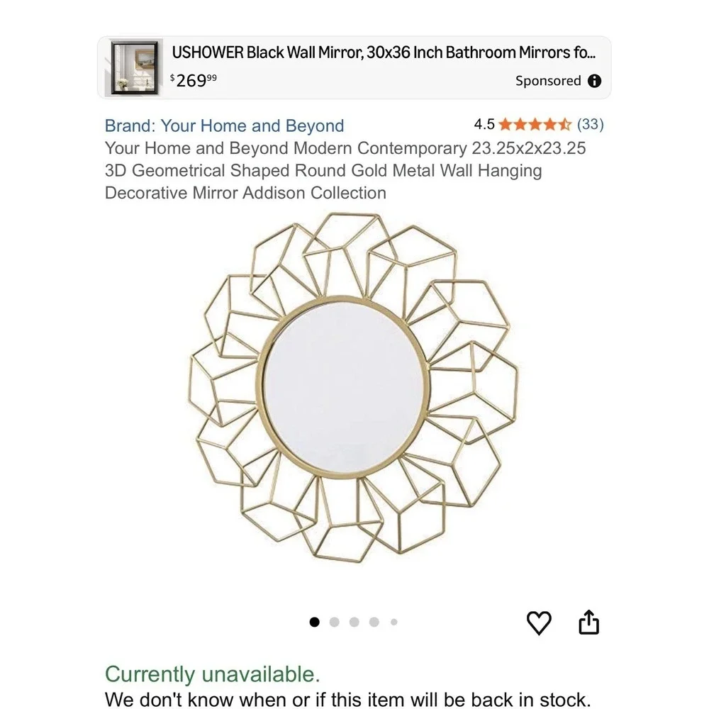 Gold Metal Geometrical Shaped Mirror‎ 22x23x2